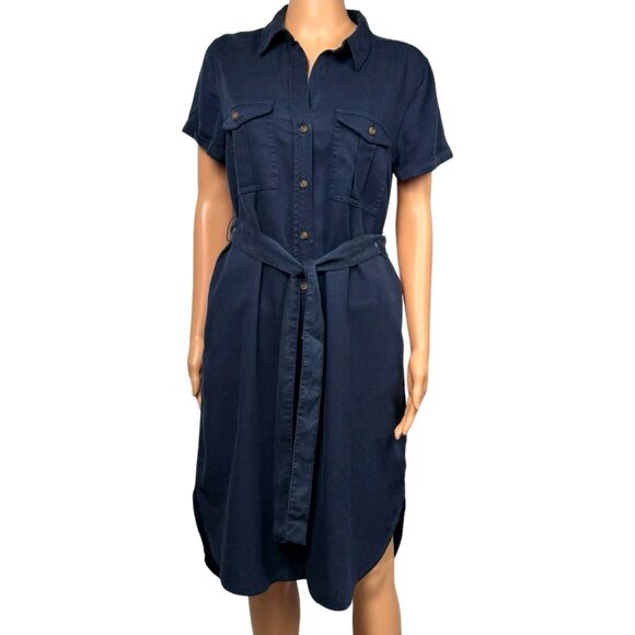 Teddi Rose Women's S Button Front Soft Tencel Midi Shirt Dress Belted Navy NWT - Picture 2 of 11